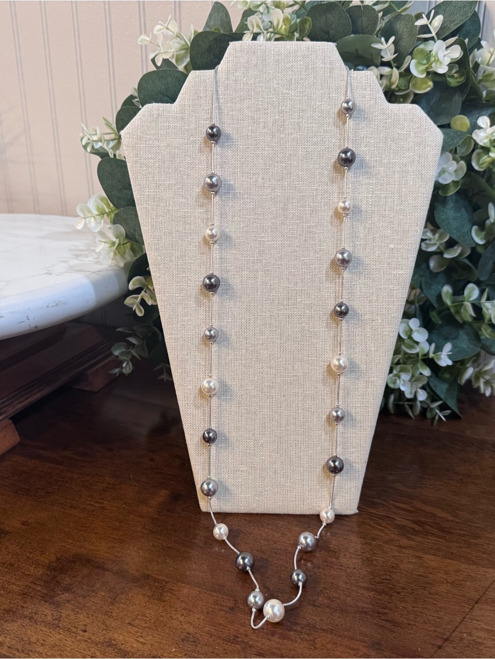 RMN Brand Long Faux Pearl Grey and Champagne Color Beaded Necklace Silver Tone